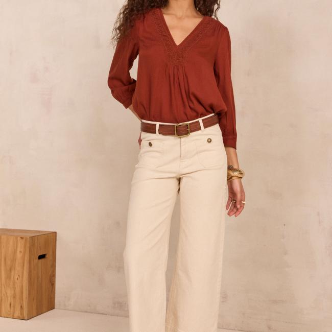 Pantalon large et cropped en coton m&eacute;lang&eacute; MAE