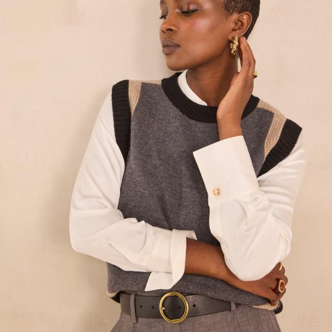 Pull sans manches anthracite en laine ANOUK