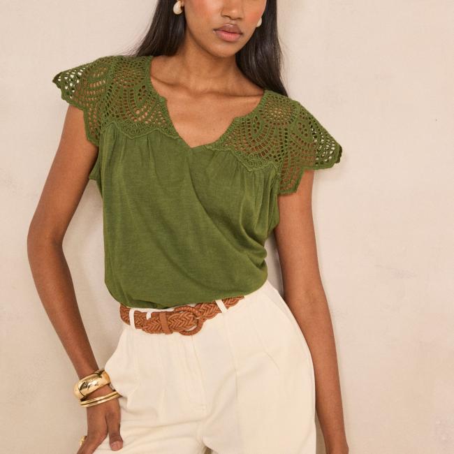 Top brod&eacute; &agrave; manches courtes en coton LILOU