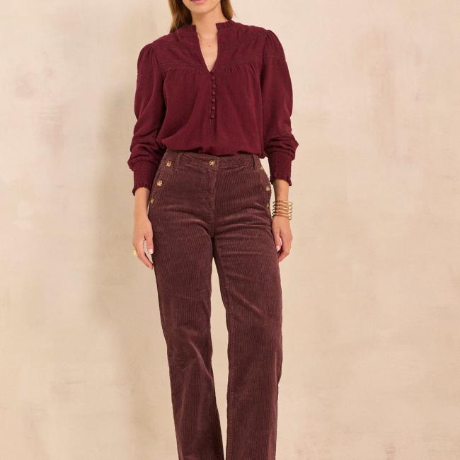 Pantalon flare aubergine en velours de coton NINON