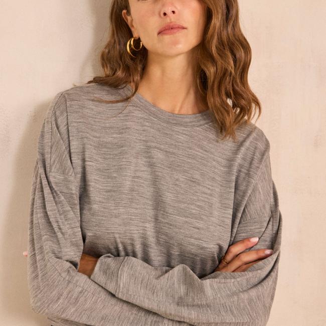 T-shirt anthracite &agrave; manches longues en laine TEOPHILE