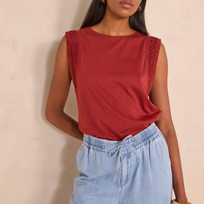 T-shirt brod&eacute; sans manches en coton m&eacute;lang&eacute; TAMARA