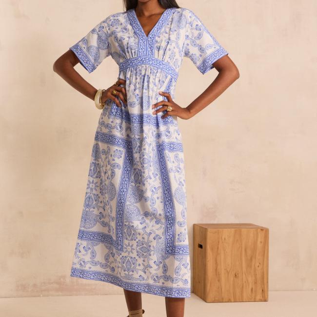 Robe imprim&eacute;e &agrave; manches courtes en coton m&eacute;lang&eacute; PRUNELLE