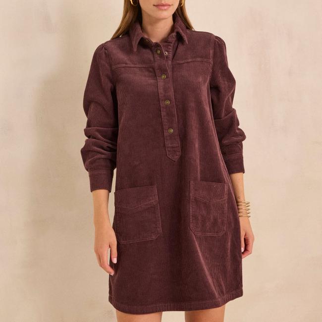 Robe droite en velours de coton aubergine PARME