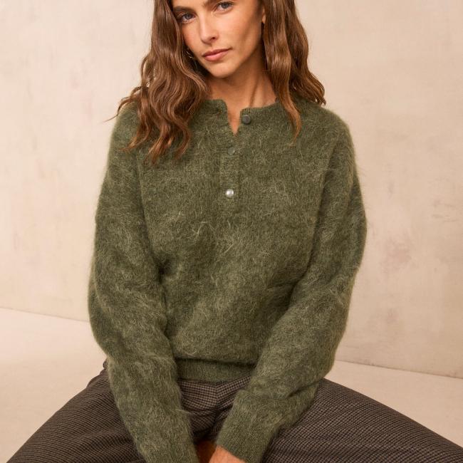 Pull sauge &agrave; manches longues en mohair m&eacute;lang&eacute; ASSIA