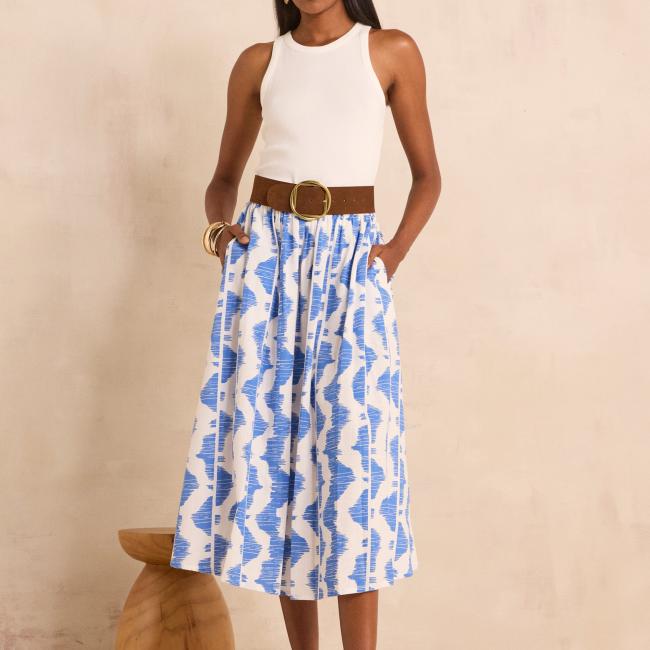 Jupe midi fluide imprim&eacute;e en coton BRUNE