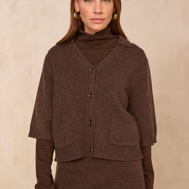 Gilet chocolat &agrave; manches 3/4 en laine ALDO