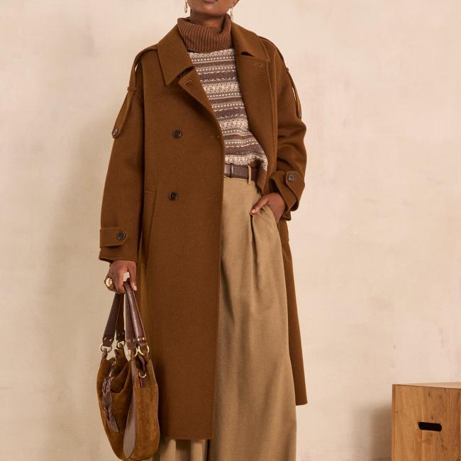 Manteau long en laine m&eacute;lang&eacute;e CASSANDRE