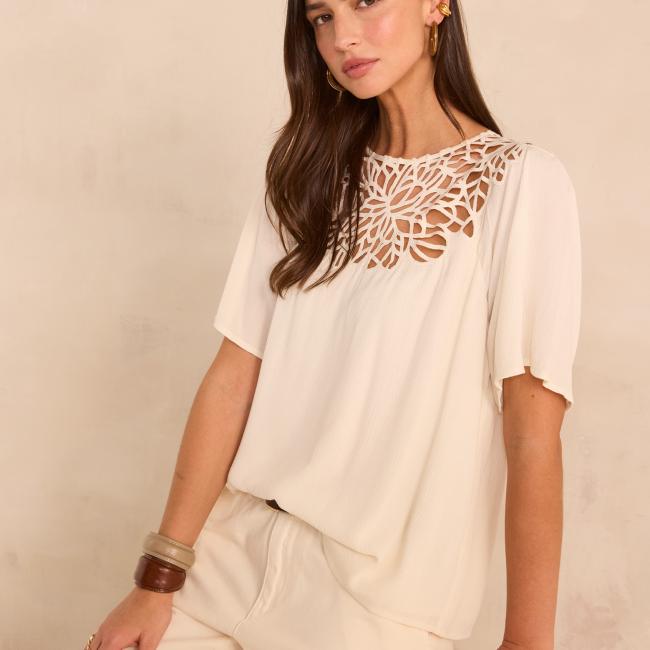 Blouse dentelles &agrave; manches courtes MELISSA