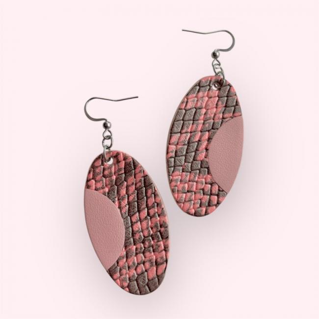 CRÉOLES OVALES EN CUIR ROSE, JOY