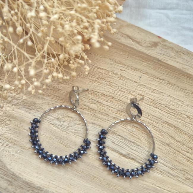 Boucle perle noire, acier inoxydable