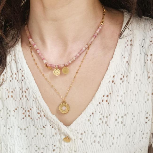 Collier en pierre rose, acier inoxydable