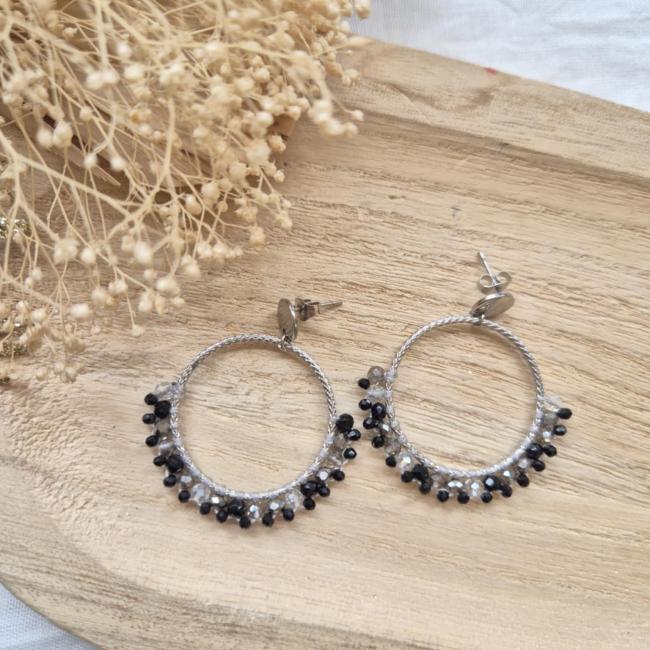 Boucle perle noir et grise, acier inoxydable