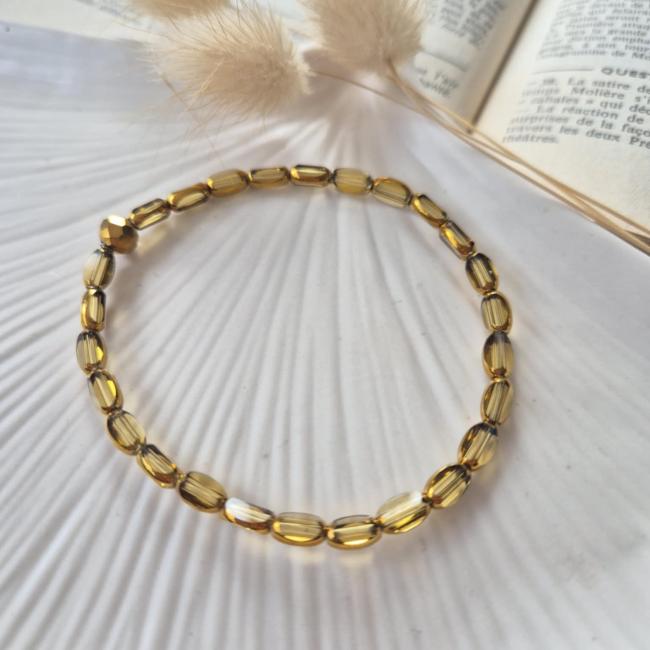 Bracelet perle de verre moutarde, acier inoxydable