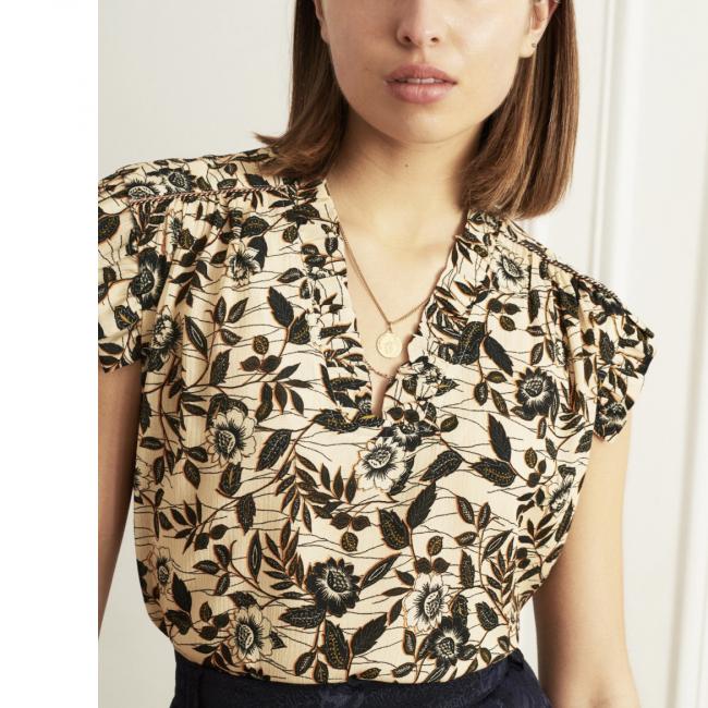 Top col V creme et noir imprimé