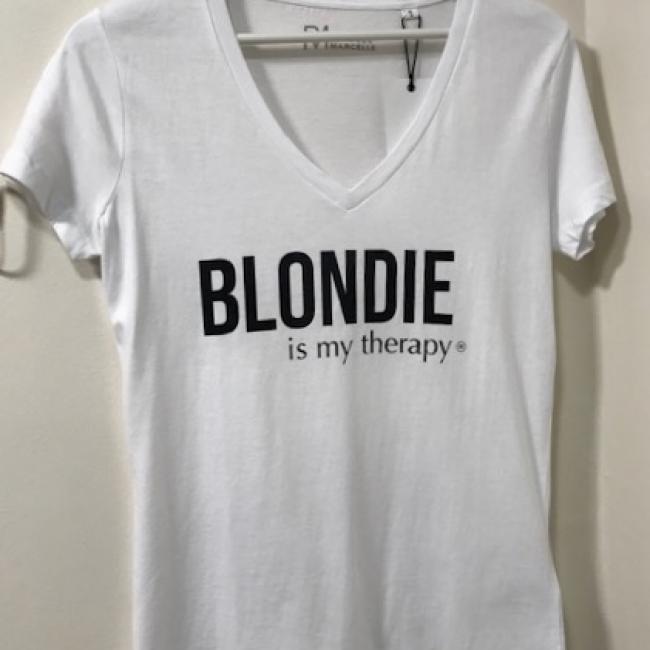 T-shirt FEMME, col V, blanc/noir, BLONDIE