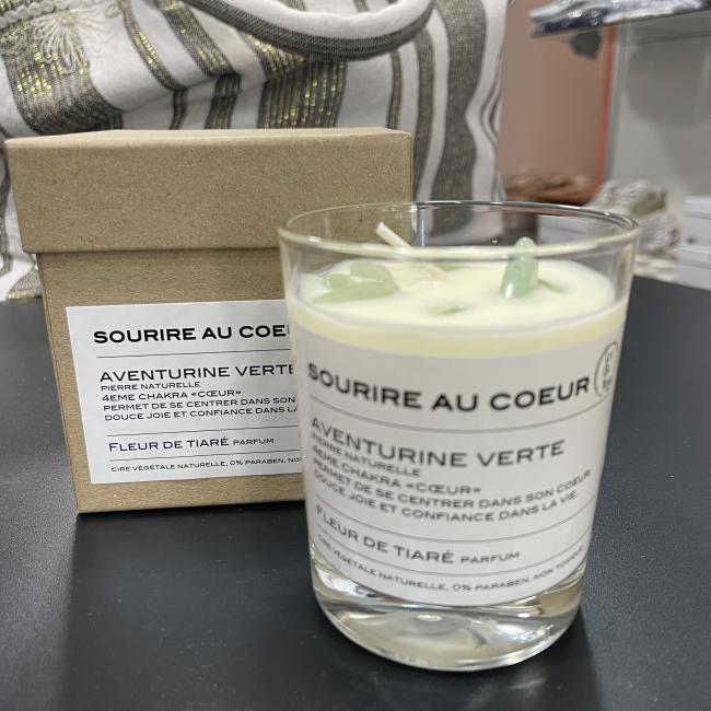 BOUGIE LOV SOURIRE Au COEUR, AVENTURINE VERTE, fleur de tiaré