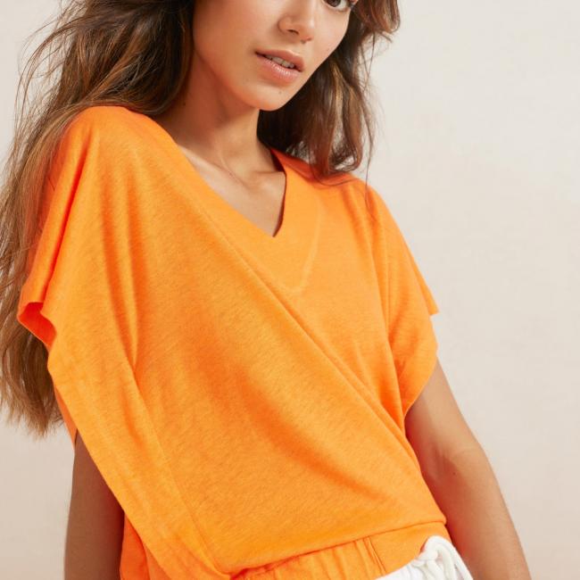 Top sans manches en lin avec col V et taille élastique