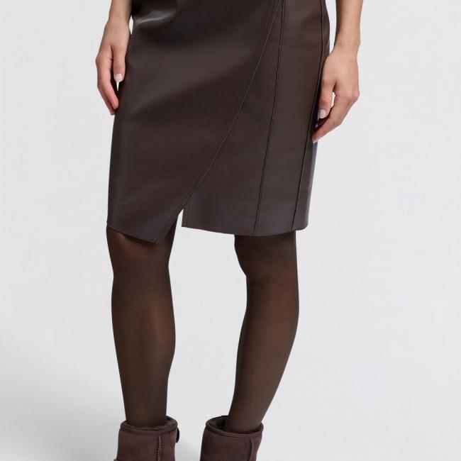 Jupe midi marron simili cuir effet portefeuille asymétrique