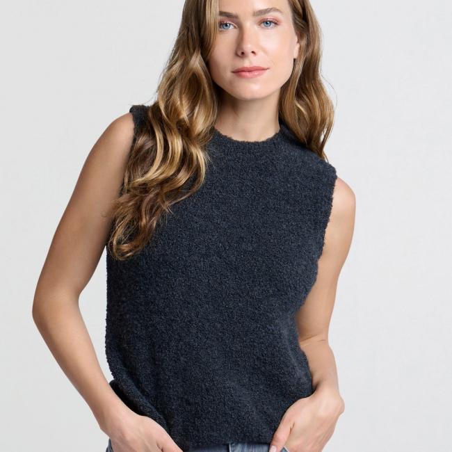 Pull doux sans manches en maille bouclée et à col rond