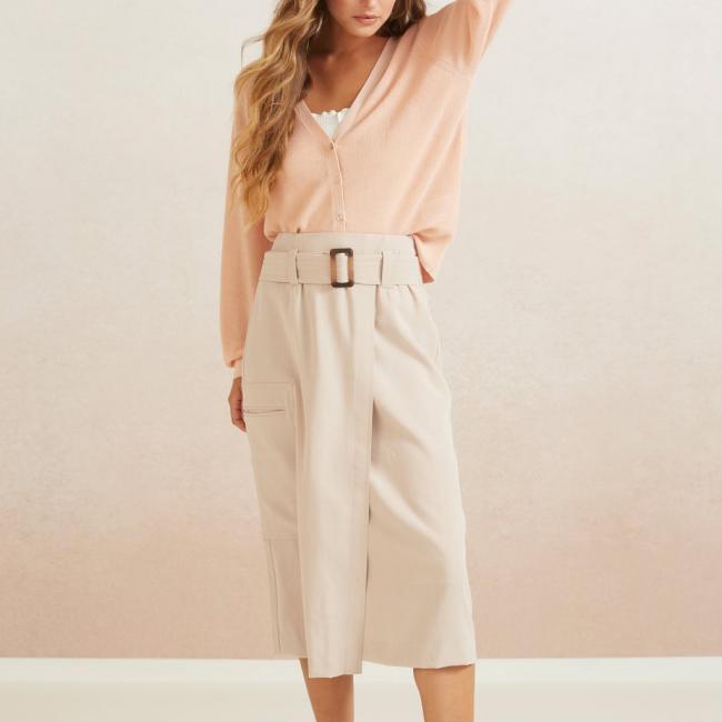 Jupe portefeuille midi tissée à ceinture, zip, poche