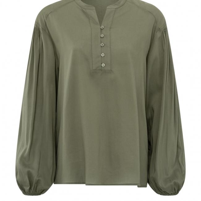 Blouse col V à manches longues bouffantes et plissées