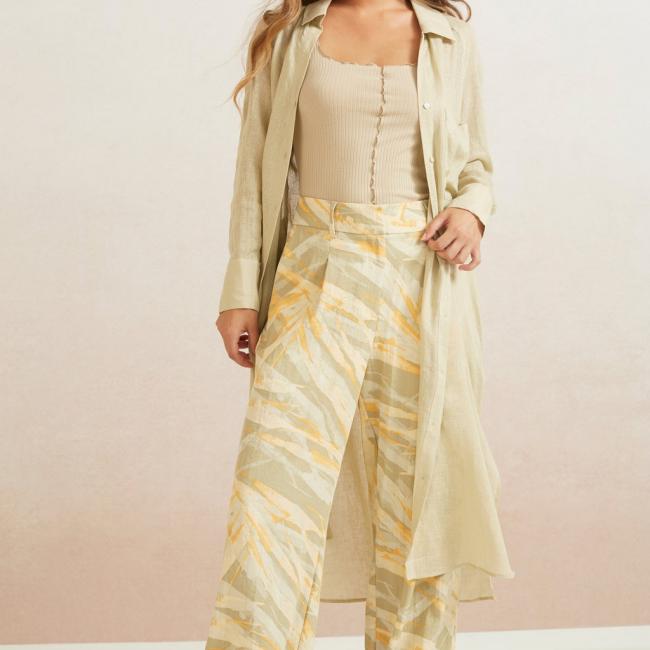 Pantalon large taille haute, avec zip, poches et imprimé