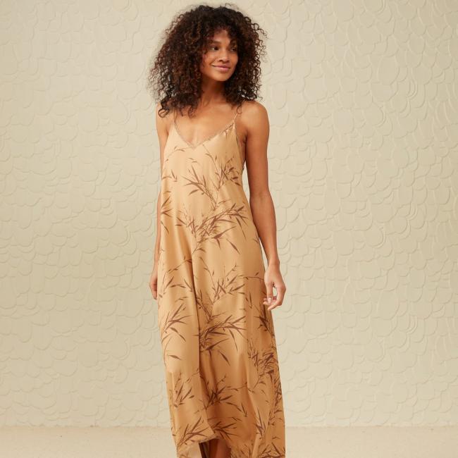 Robe longue imprimé col V à bretelles, détails en dentelle