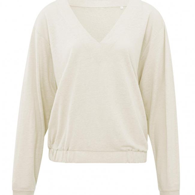 Haut beige manches longues, col V et bords élastiqués