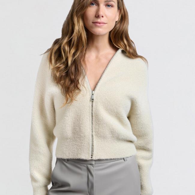 Cardigan beige tout doux, col en cuir et fermeture éclair