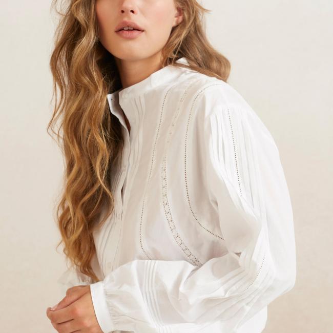 Chemise en popeline, col rond, manches longues bouffantes
