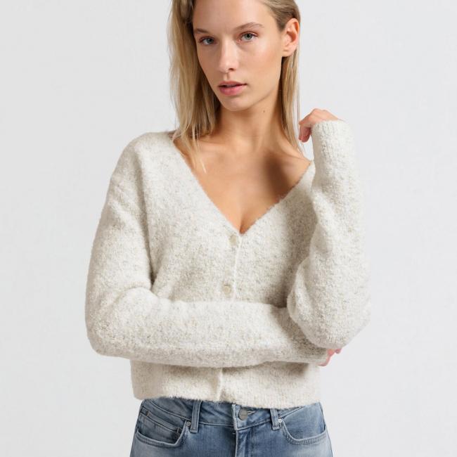 Cardigan en maille bouclée à col en V et détails colorés