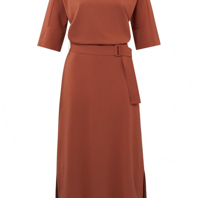 Robe fendue en jersey ceinturée, col rond, manches courtes