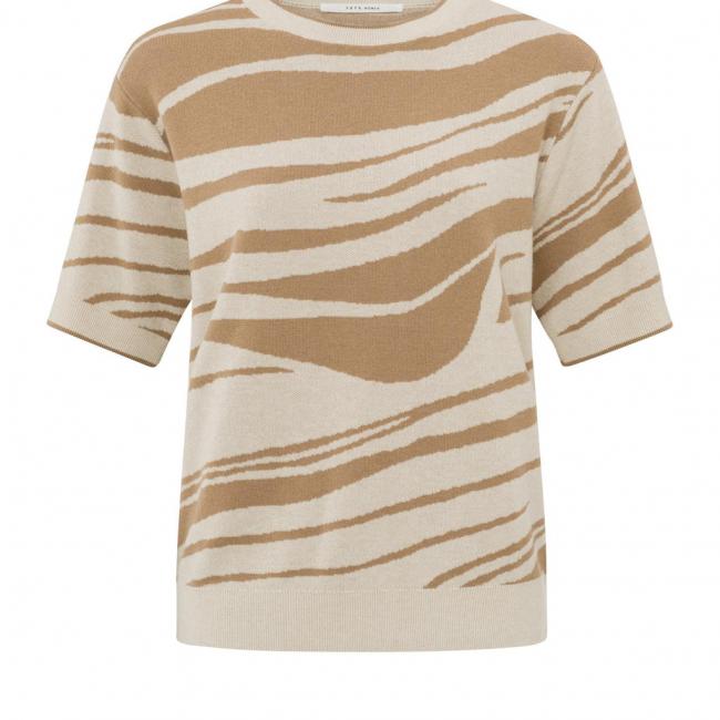 Pull jacquard col rond, manches courtes et imprimé