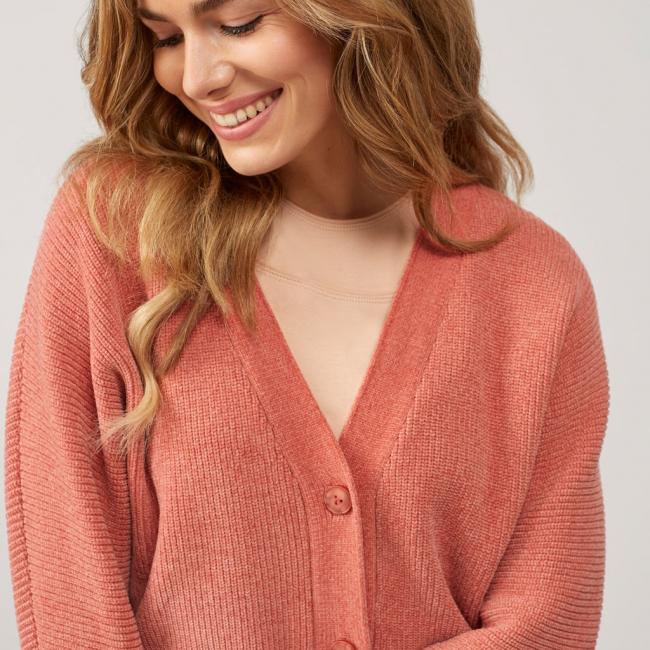 Cardigan maille chenille, col V, manches longues et boutons