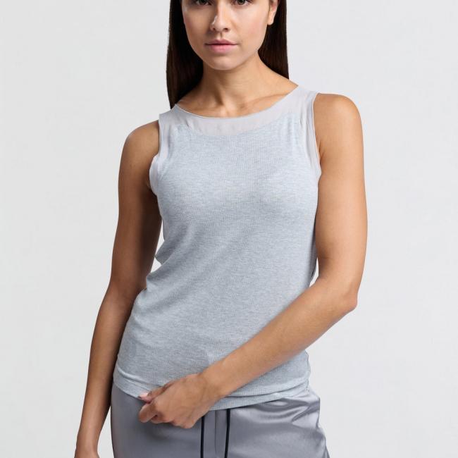 Débardeur gris en maille côtelée avec détails en mesh