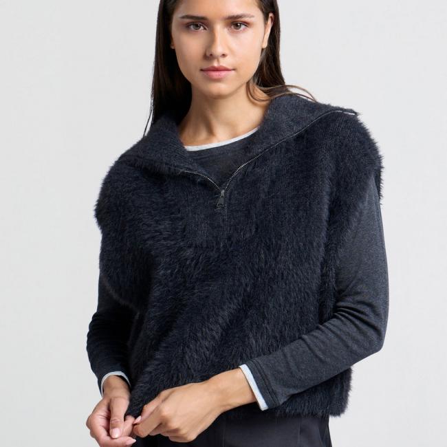 Pull sans manches tout doux, col montant zippé, coupe ample