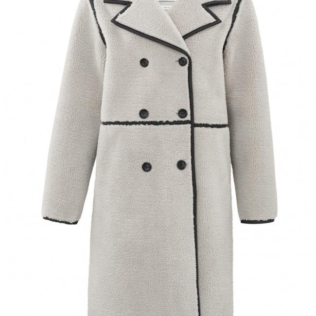 Manteau long à double boutonnage, simili cuir mouton et col
