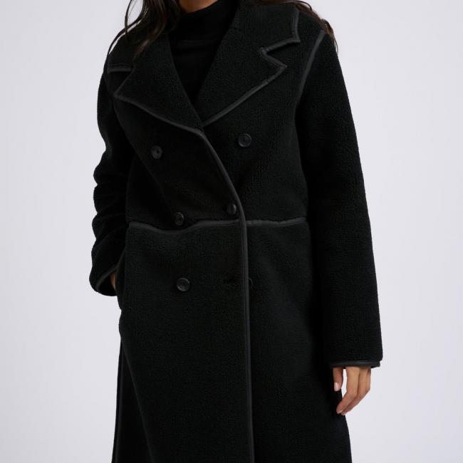 Manteau long à double boutonnage, simili cuir mouton et col