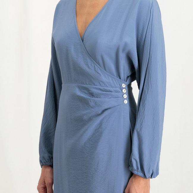 Robe portefeuille, col V, manches longues ballon et boutons