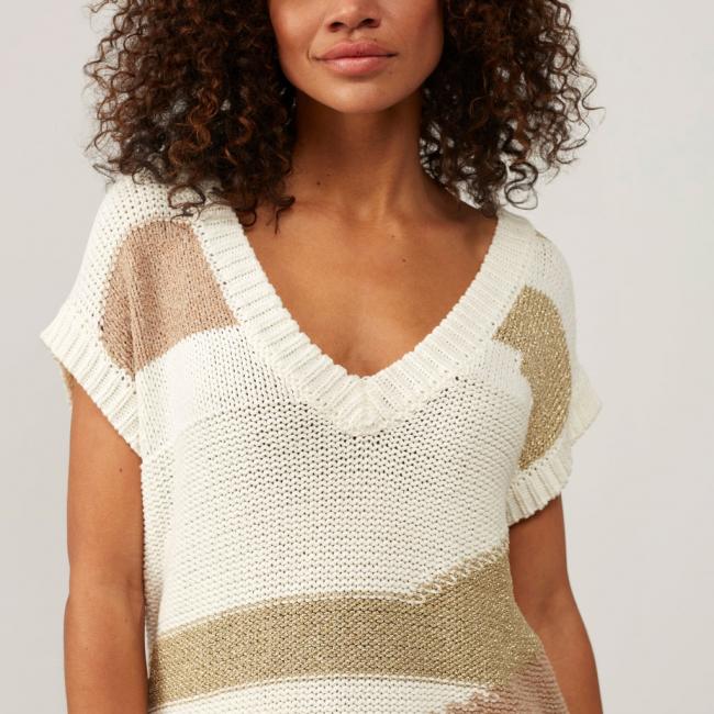Pull sans manches col V, maille côtelée, coupe droite