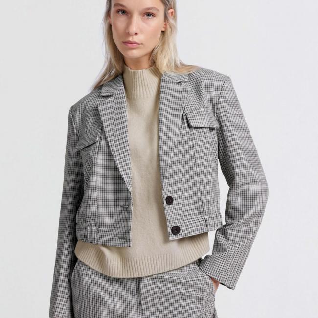 Blazer court à carreaux et taille élastique
