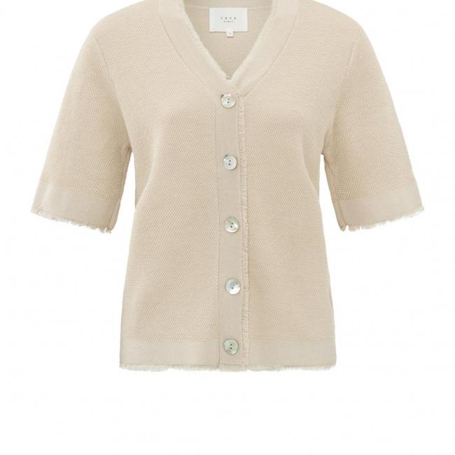 Un cardigan texturé col V, demi-manches et boutons