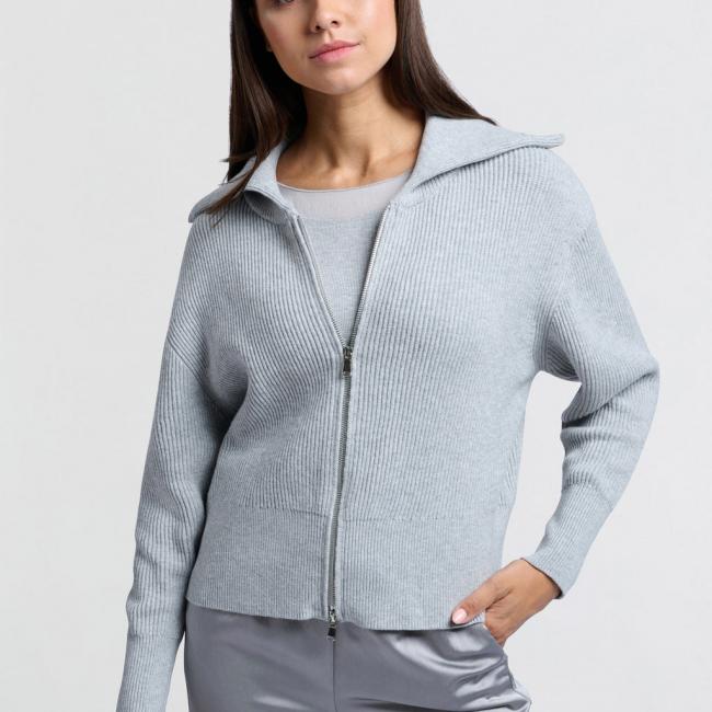 Cardigan gris clair zippé, manches longues avec col