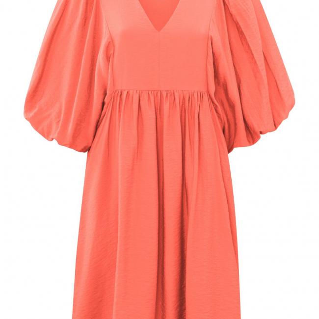 Robe avec col V, grandes manches ballon et détails plissés