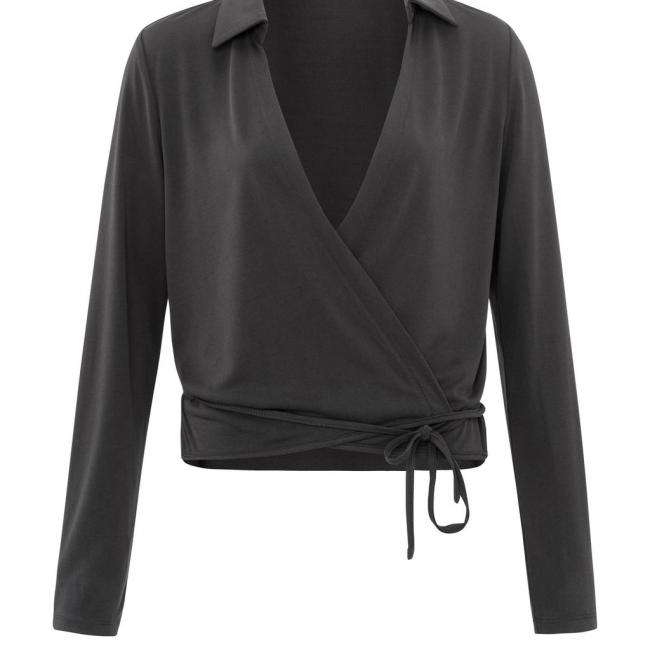 Blouse noire cache-coeur à manches longues et col V