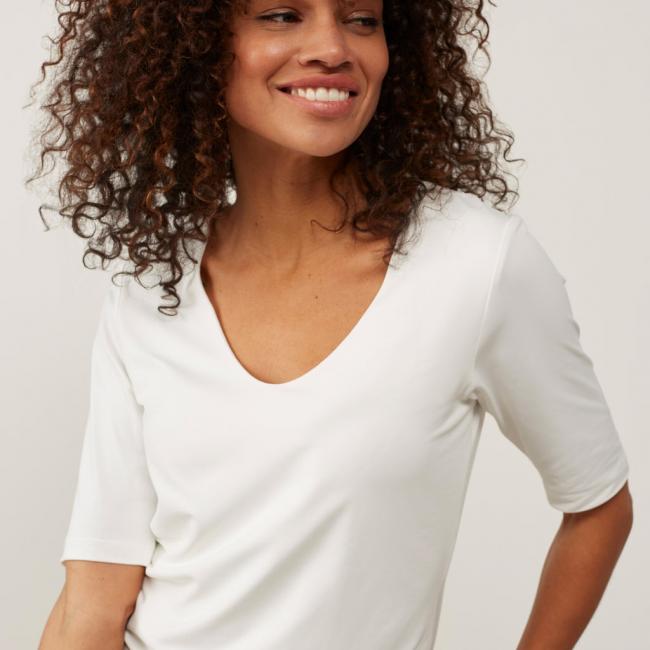 T-shirt basique avec col rond en V et manches mi-longues