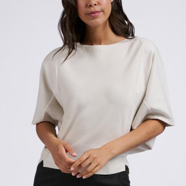 Pull doux à col rond, manches courtes et maille côtelée