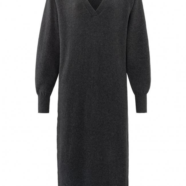 Robe en maille grise foncée, col V et manches longues