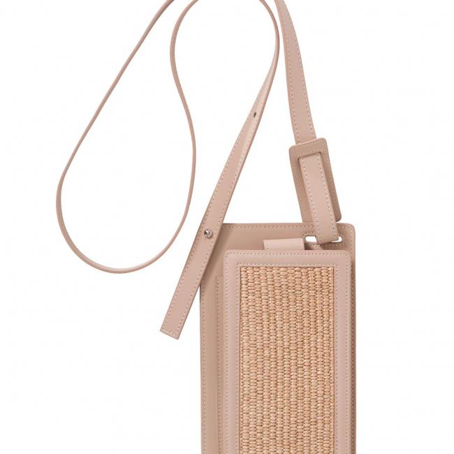 Sacoche iPhone en paille avec anse en cuir et cordon
